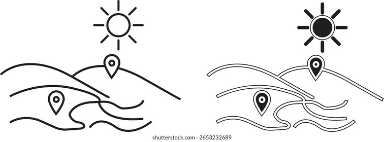 Ícone de paisagem do deserto com pino de localização e sol simbolizando o destino de viagem da natureza e a navegação do mapa com fundo transparente