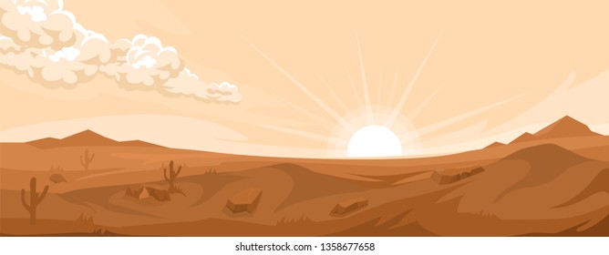 Desert landscape illustration with dune. Sunrise. Clouds in the sky