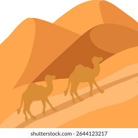Ilustração da paisagem do deserto. Design plano do deserto com camelo. Ilustração minimalista do deserto com estilo cartoon 