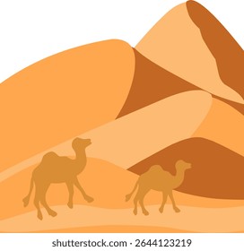 Desert landscape illustration. Desert flat design with camel. Minimalist desert illustration with cartoon style 