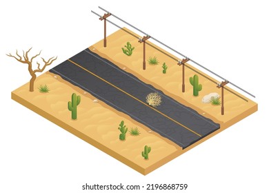 Desert landscape isometric element with electric main along road among sands on white background vector illustration