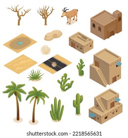 Desert Landscape Isometric Set Of Mud Brick Buildings Plants Animals Inhabits Adapted For Hot Arid Climate Isolated Vector Illustration