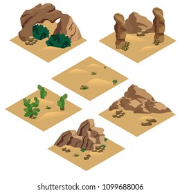 Desert landscape isometric tile set. Cartoon or game asset to create desert scene or background with sand, rocks and desert plants. Isolated isometric tiles, vector illustration