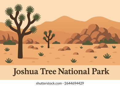 The desert landscape of Joshua Tree National Park in California, where the unique Joshua trees and rugged terrain shine under the vibrant colors of sunset
