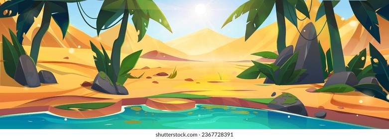 Desert landscape with lake and palm trees in oasis in sand and hills. Water and green plants in middle of dune. Cartoon vector illustration of sunny summer scenery of savannah with pond and greenery.