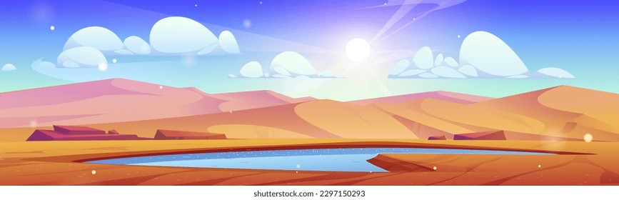 Desert landscape with lake water vector background. Empty oasis pond hole in drought Africa Sahara panorama scene. Egyptian sand nature hills game scenery with waterhole and sun beam in blue sky.