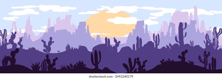 Desert landscape. Layered background with prairies. Parallax effect. Horizontal blue panoramic backdrop with cactuses, rocks and mountains.