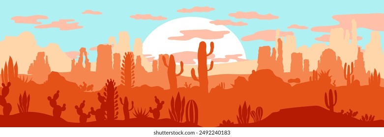 Desert landscape. Layered background with prairies. Parallax effect. Horizontal orange panoramic backdrop with cactuses, rocks and mountains.