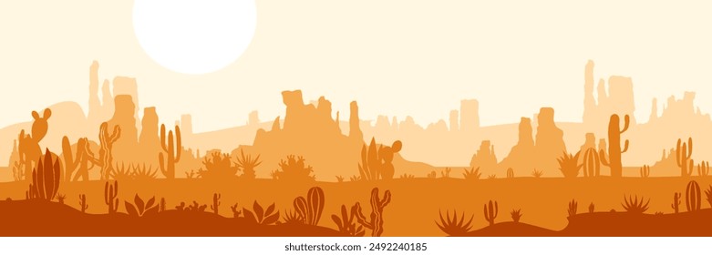 Desert landscape. Layered background with prairies. Parallax effect. Horizontal orange panoramic backdrop with cactuses, rocks and mountains.