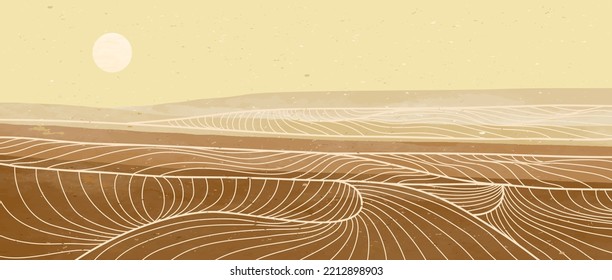 Desert landscape with line art print. Abstract mountain contemporary aesthetic backgrounds landscapes. mountain, desert, sunset. vector illustrations