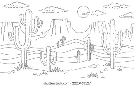 Desert Landscape Line Sketch with Cactus. Coloring scene prairie landscape. Black White Outline drawing of mountains, western rocks and cacti. Wild West background. Hand drawn Vector illustration. 