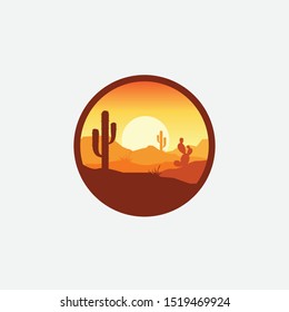 Desert landscape logo with cactus, mountain desert vector template, company logo, logo product label