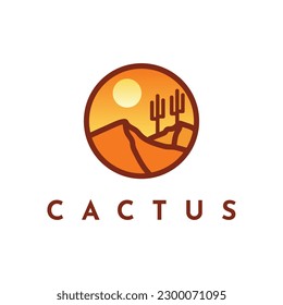 Desert landscape logo with cactus, mountain desert with circle