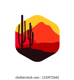 Desert landscape logo circle with cactus, dune and mountain vector template. Suit for promotional material, company logo, product label, etc