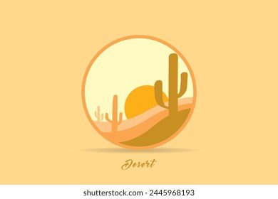 Desert landscape logo circle with cactus, dune and mountain vector template.