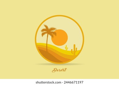 Desert landscape logo circle with cactus, dune and mountain vector template.