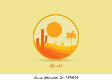 Círculo con el logo del desierto con cactus, dunas y Plantilla de Vector montañoso.