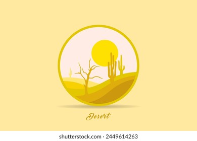 Desert landscape logo circle with cactus, dune and mountain vector template.