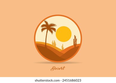Desert landscape logo circle with cactus, dune and mountain vector template.