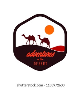 Desert landscape logo circle with camel, dune and sun vector template. Suit for promotional material, company logo, product label, etc