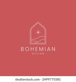 desert landscape logo with shining sun inside a frame in boho bohemian vector design style