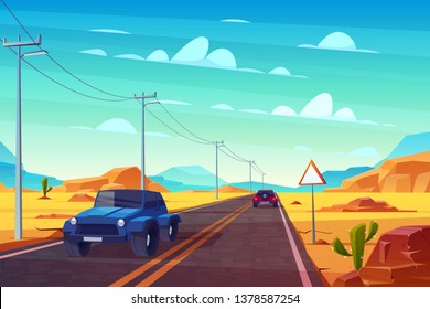 Desert landscape with long highway and cars ride along asphalt road with sign and wires. Roadway with skyline, rocky barren wasteland and cactus. Travel concept background. Cartoon vector illustration