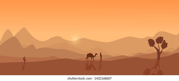 Desert landscape. Man with camel walking on sand