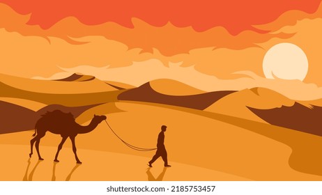 Desert Landscape With Man And Camel Desert Wallpaper Desert Hill Arabian Landscape Illustration