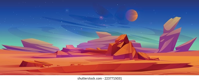 Paisaje del desierto de Marte por la noche. Escena de la naturaleza del planeta alienígena con tierra roja, arena, piedras montañas, estrellas y luna en el cielo, dibujos vectoriales fantástico ilustración espacial