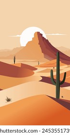 desert landscape in a minimalist style with a large rock, a pyramid in the distance and sand dunes and cacti in the foreground. vertical orientation. vector illustration