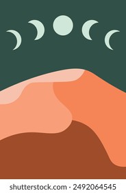 Desert landscape with moon phase in boho style