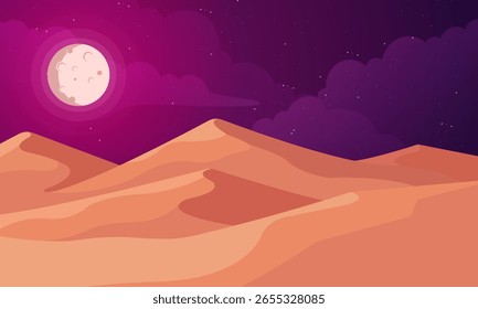 Desert landscape with moon and stars. Vector illustration in flat style