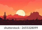 Desert Landscape with Moonlight, Cactus, and Stars, Flat Vector Design