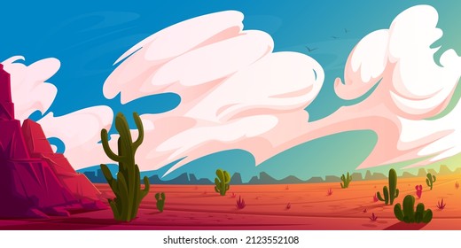 Desert landscape with mountains, cactuses and red dry ground at sunrise. Vector cartoon illustration of hot American or Mexican desert with rocks, plants, saguaro and clouds in sky