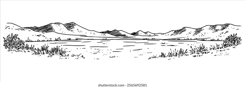 desert landscape with mountains and sparse vegetation, black vector illustration