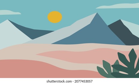 Desert landscape with mountains and sun. Pink sand dunes and blue mountains. Vector illustration.