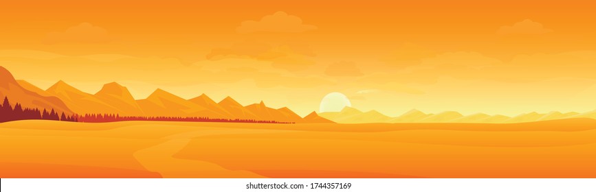 Desert landscape with mountains, sunrise. Desert Bundle in cartoon style. Can be used for background and banner design.
