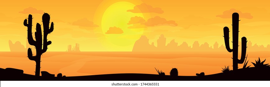 Desert landscape with mountains, sunrise. Desert Bundle in cartoon style. Can be used for background and banner design. Desert landscape with cacti, hills and mountains. Cartoon.