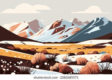 Desert landscape with mountains. Vector illustration in flat cartoon style. Tundra with snowy fields