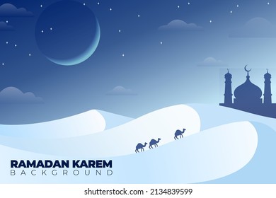 desert landscape in the night with camel and mosque, ramadan background