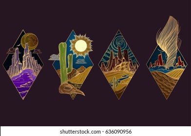 Desert landscape. Night, sunrise, day, evening, whirlwind