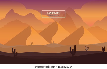 Desert landscape at night time with cactus tree and mountains.