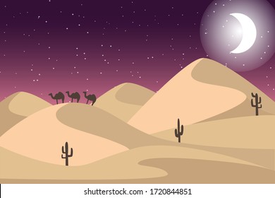 Desert landscape at night. Vector illustration.