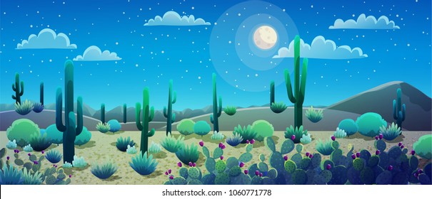 Desert landscape at nignt with cactus and bushes, starry sky and bright moon.Vector illustration. 