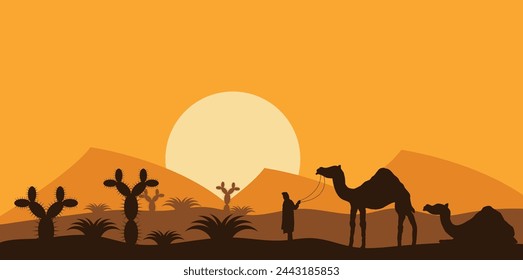 Desert Landscape with a Nomad and Camels. Nature and people concept vector art