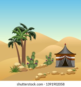 Desert landscape with a nomad tent. Cartoon or game asset scene background with parallax layers. Sand dunes, Bedouin tent, palms, cactuses. Vector illustration