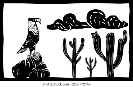 Desert landscape of northeastern Brazil. Cactus and hawk in woodcut style.