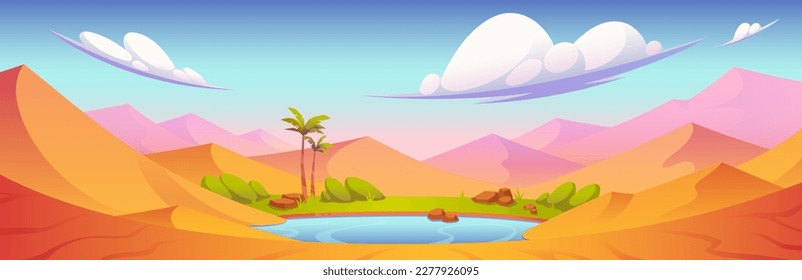 Desert landscape with oasis with palm trees, lake and grass. Egyptian Sahara scene with sand dunes, pond with blue water and green plants, vector cartoon illustration