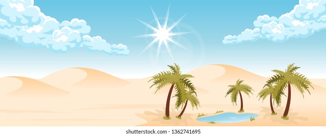 Desert landscape with oasis and palms. Travel and tourism. wide panorama background 