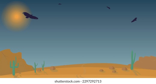 Desert landscape. Organic background with Western Texas or US panorama. Banner with silhouettes of mountains, eagles, scorching sun and cacti. Nature of USA.